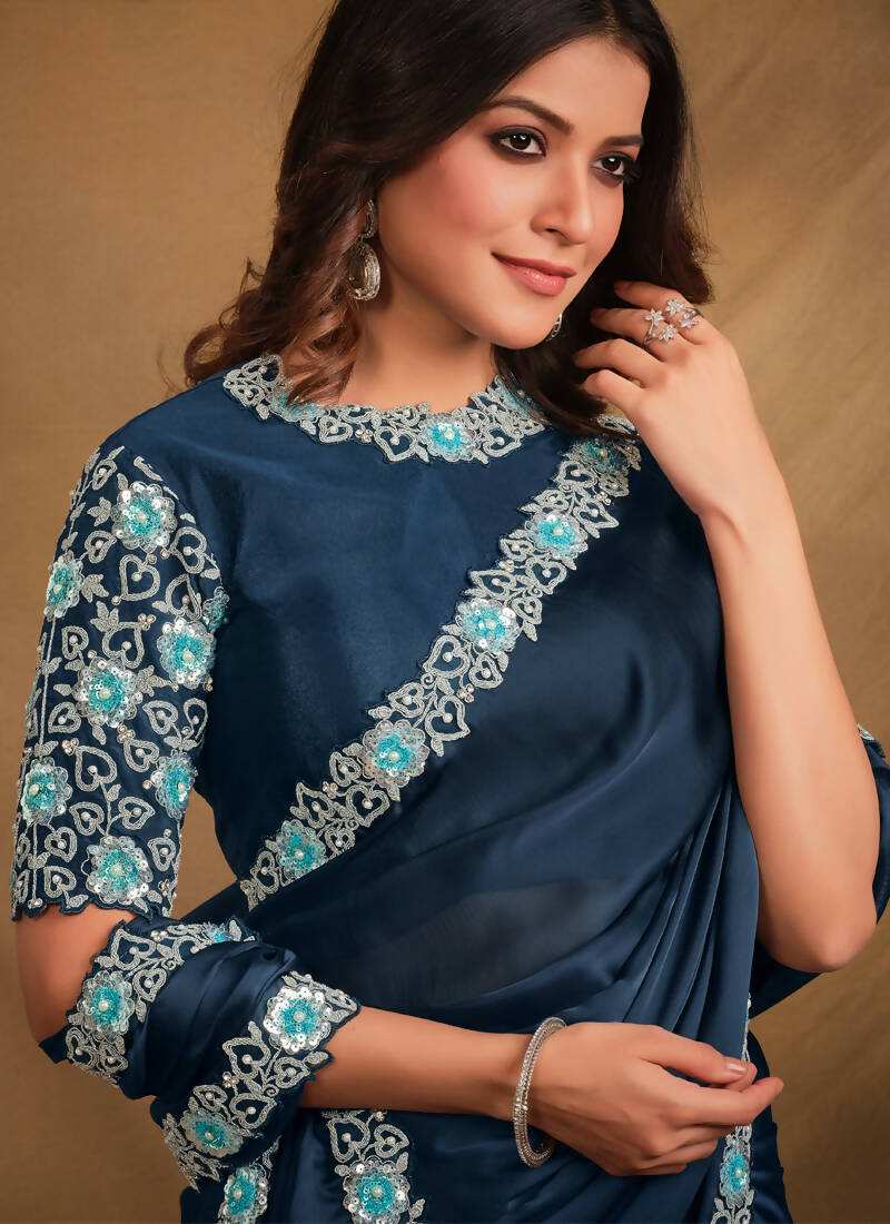 Navy Blue Satin Silk Georgette Designer Saree with Unstitched Blouse - Norita Mahitha
