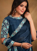 Navy Blue Satin Silk Georgette Designer Saree with Unstitched Blouse - Norita Mahitha