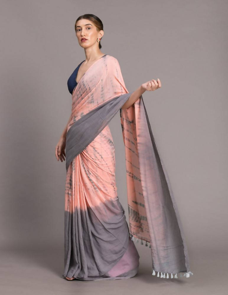 Suta Peach-Coloured Grey Tie Dye Pure Cotton Saree - Distacart