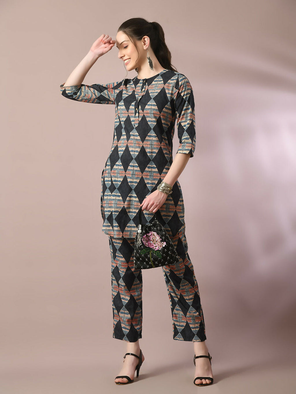 Myshka Women's Multi Printed Cotton Round Neck Party Tunic With Trousers Co-ord set