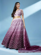 House of Panchhi Women Lavender Net Zig-Zag Embroideried Lehenga, Blouse & Dupatta