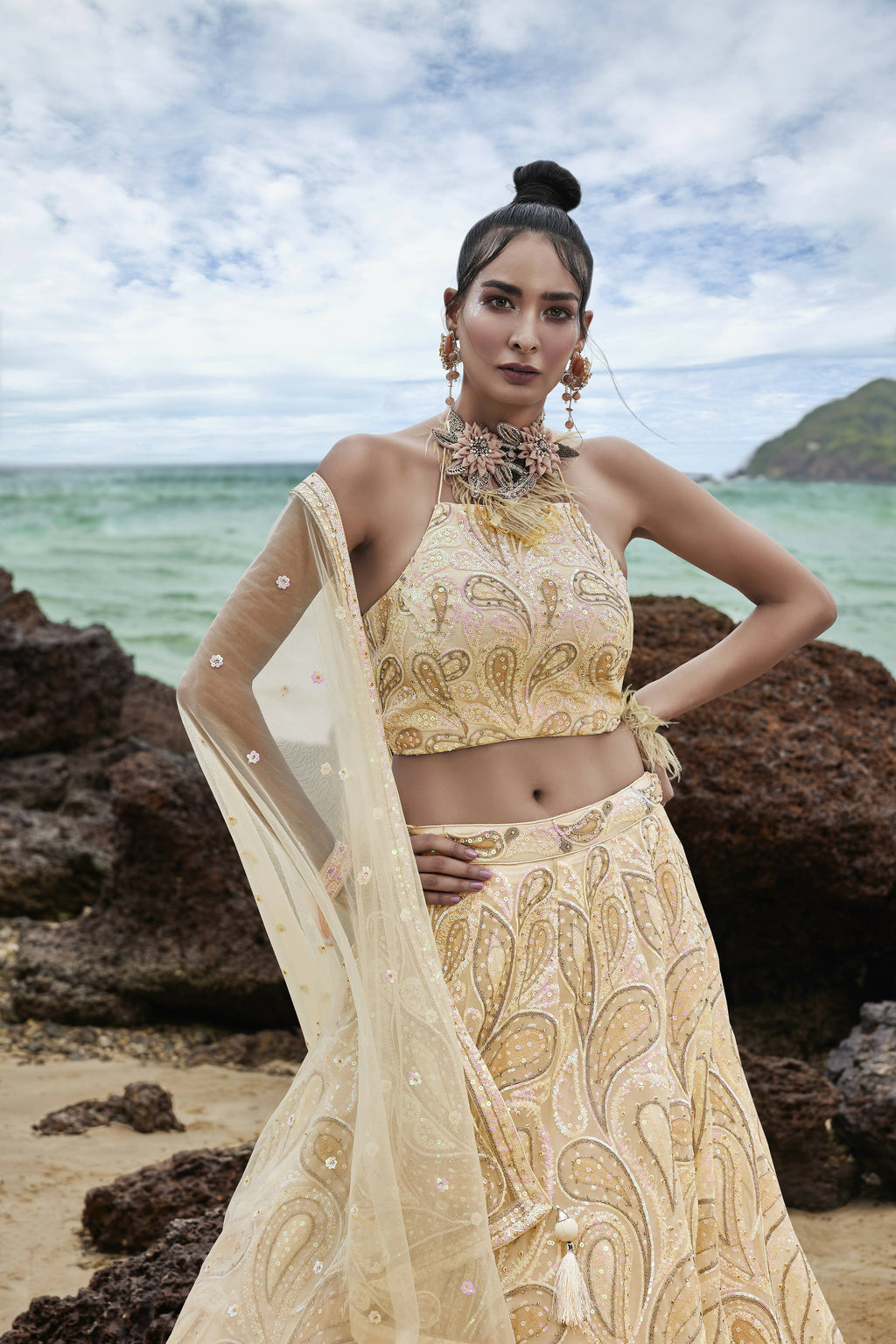 House of Panchhi Cream Net Multi Sequins with heavy Zarkan embroidery Lehenga choli & Dupatta