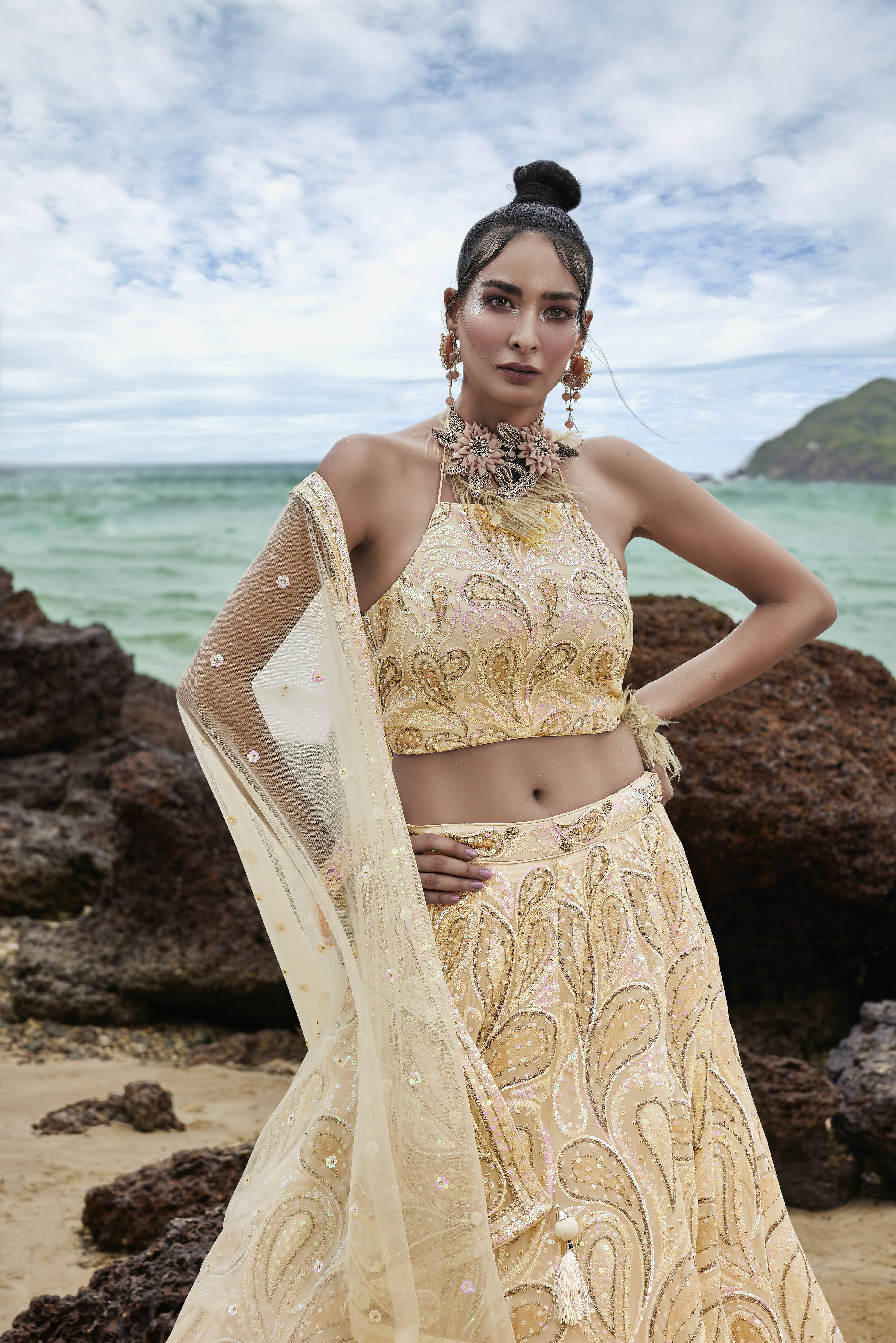 House of Panchhi Cream Net Multi Sequins with heavy Zarkan embroidery Lehenga choli & Dupatta