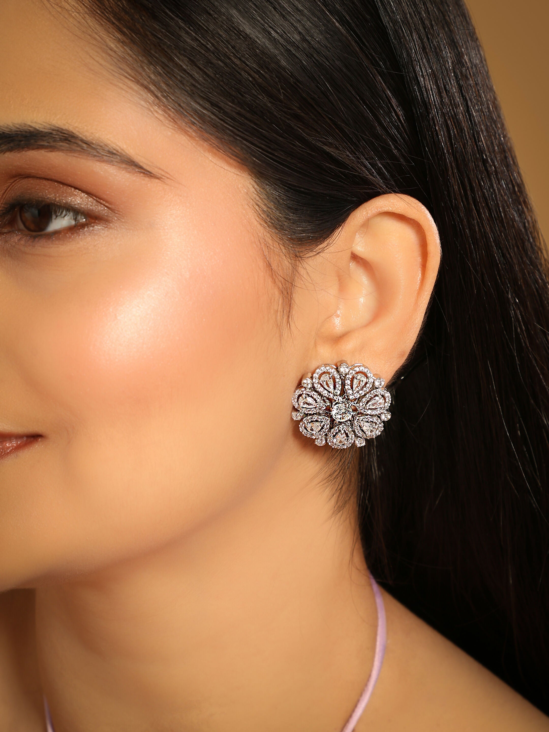 Nuyug Rhodium-Plated Zircon Studded Floral Statement Stud Earrings - Distacart