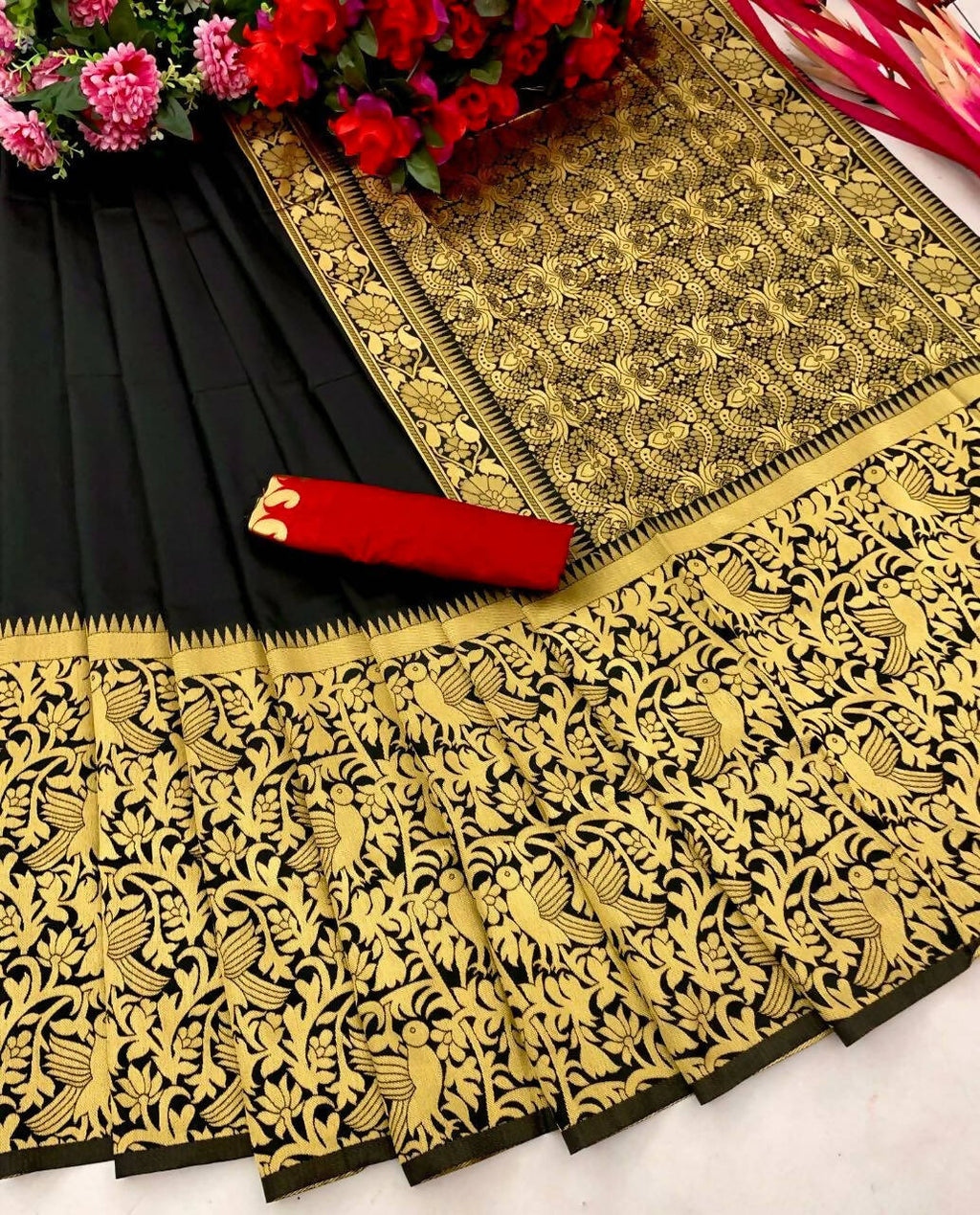 DEIANA'S Beautiful Designer Golden zari Soft Lichi Silk Saree - Black