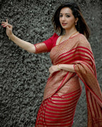 DEIANA'S Beautiful Designer Golden zari Soft Lichi Silk Saree - Red