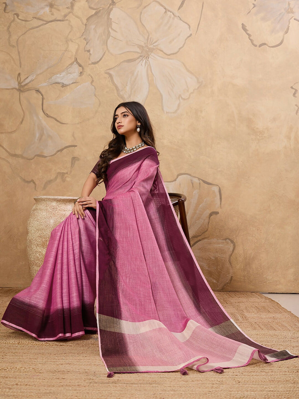 Shree Shyam Fashion Rani Pink Linen Saree - Distacart