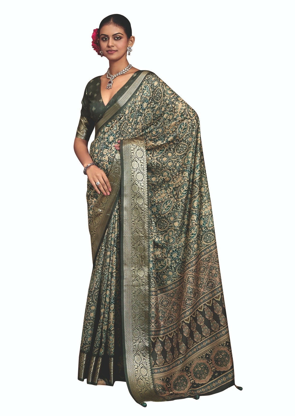 Joban Fashion Green Art Silk With Fine Viscose Border Ajrak Full Body Print With Soft Finish Saree - Distacart