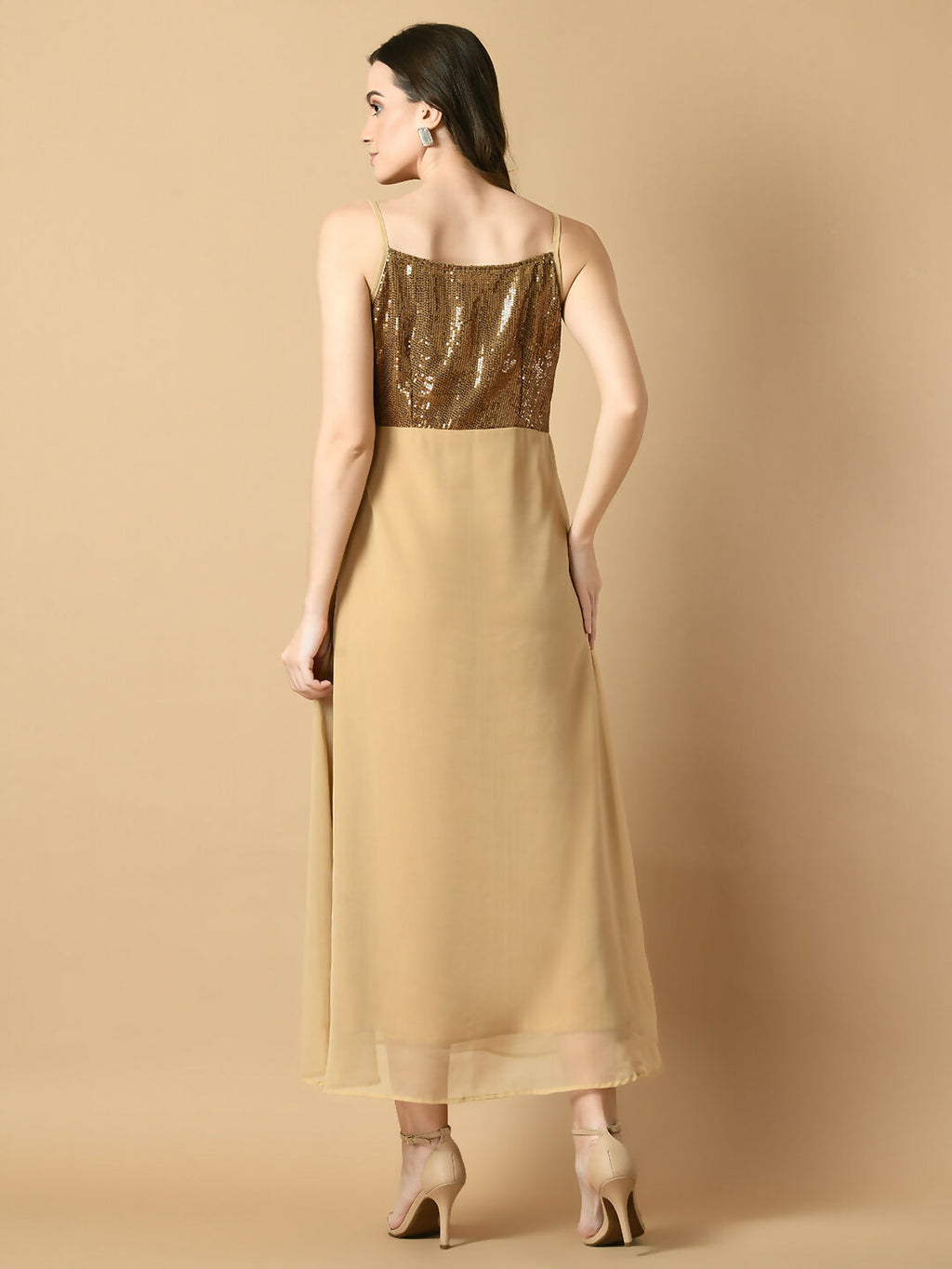 Myshka Women's Beige Solid Georgette Party Dress - Distacart
