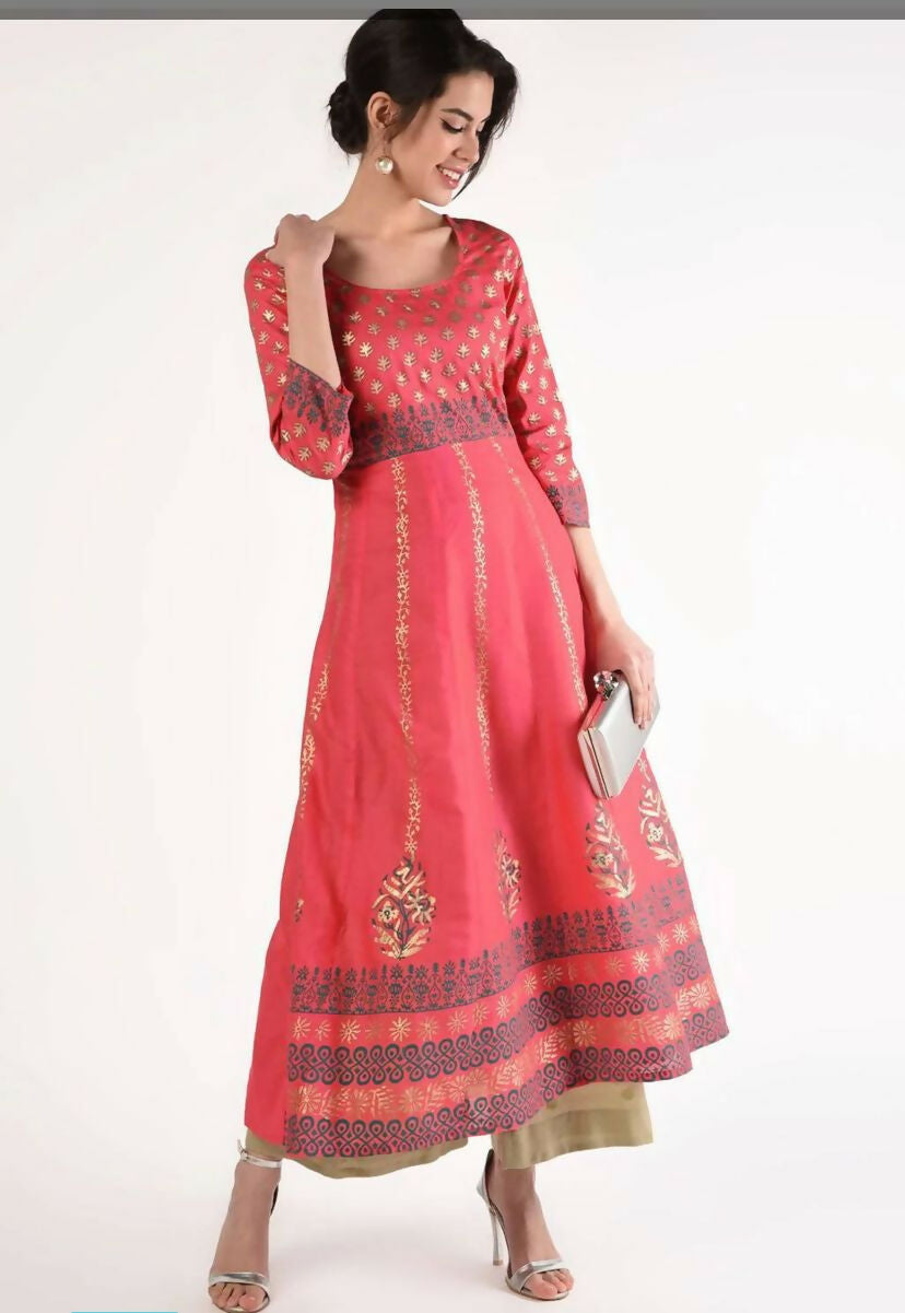 Cheera Women Stylish Hand Block Printed Cotton Blend Flared Kurta - Peach
