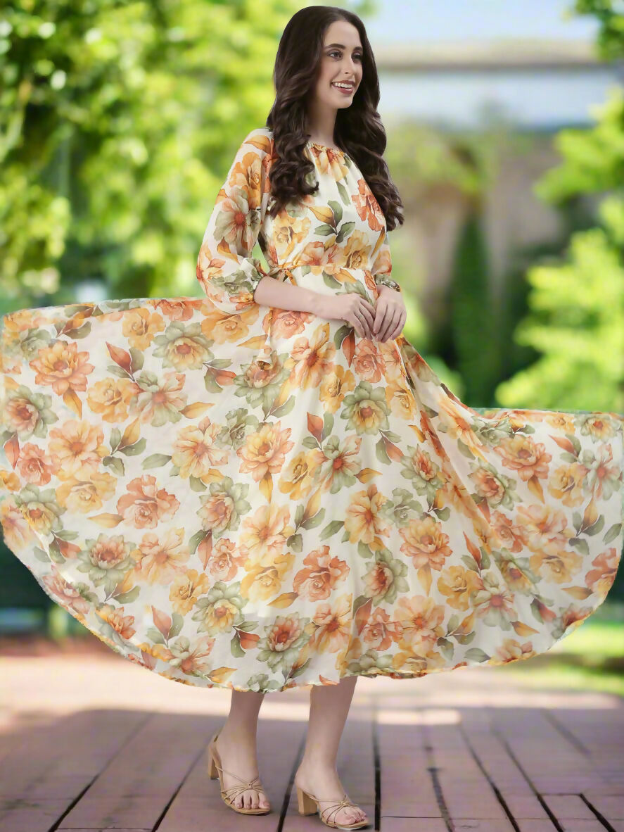 Souchii Cream Floral Chiffon Dress