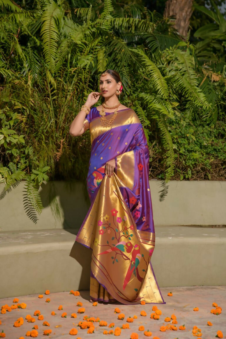 Jyoti Fashion Women's Purple Paithani Silk Zari Woven Saree with Blouse