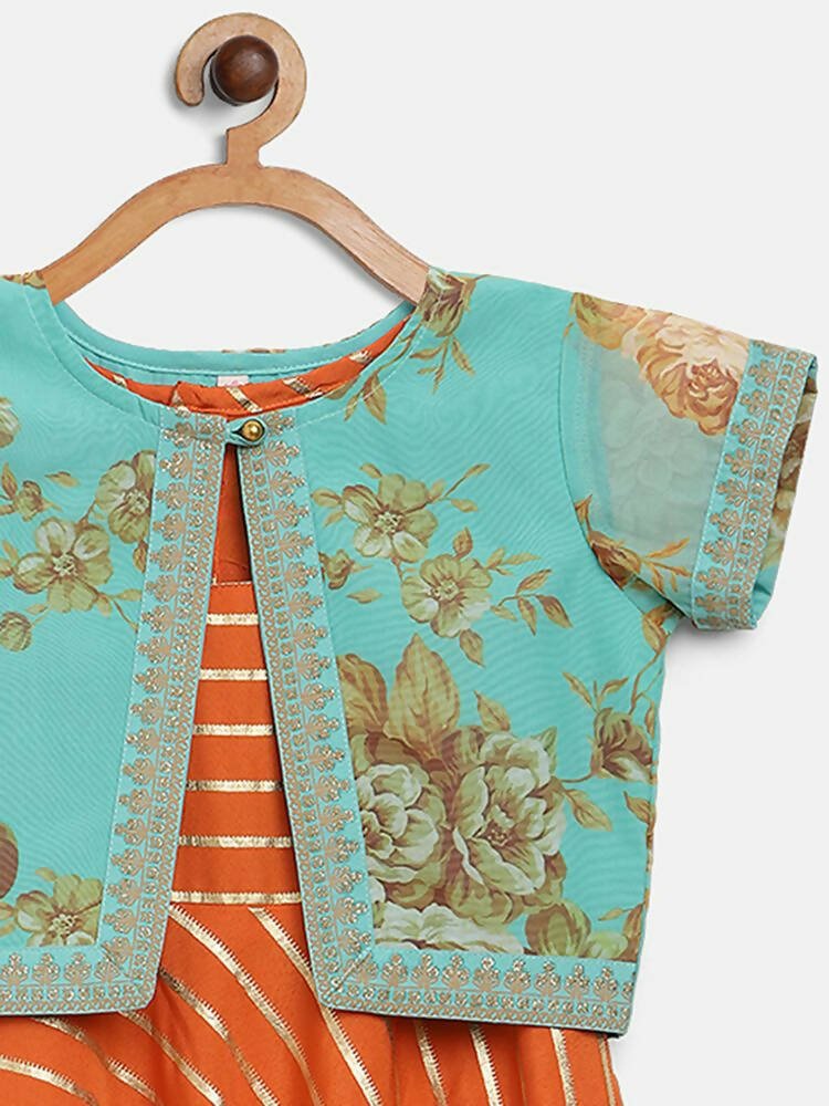Ahalyaa Orange Crepe Gold Stripped Printed Kids Dress With Jacket For Girls
