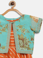 Ahalyaa Orange Crepe Gold Stripped Printed Kids Dress With Jacket For Girls