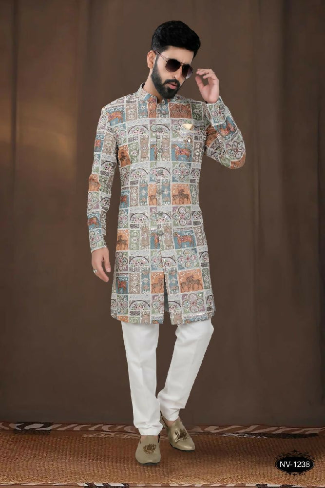 Joban Fashion Men's Base Blue(Multi Colours) Georgette Kurta with Pyjama