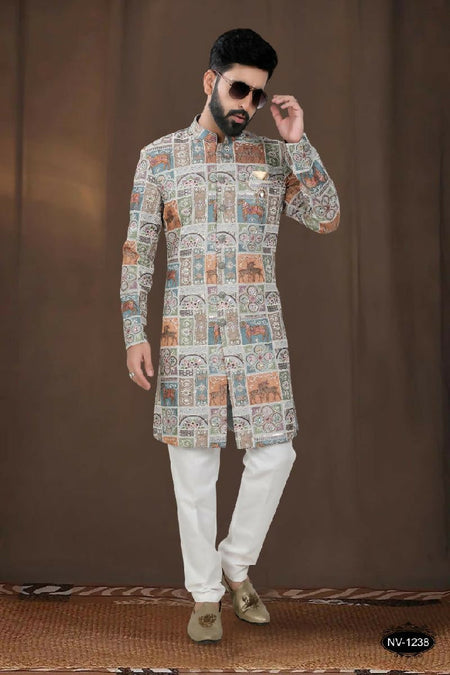 Joban Fashion Men's Base Blue(Multi Colours) Georgette Kurta with Pyjama