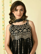 Myshka Women's Black Georgette Top & Skirt With Dupatta Party Sets