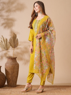 The52 Women's Beautiful Viscose Chanderi Fabric Embroidery Work Straight Kurta Pant and Dupatta Set - Distacart