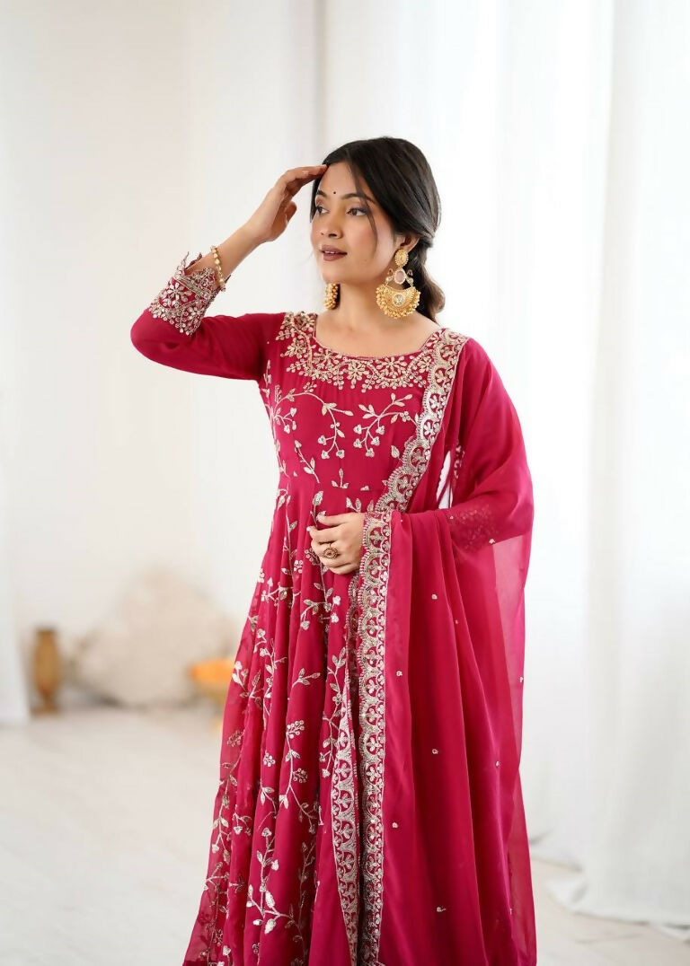 Teeya Creation Red Color Heavy Faux Georgette Embroidery Work Gown - Distacart