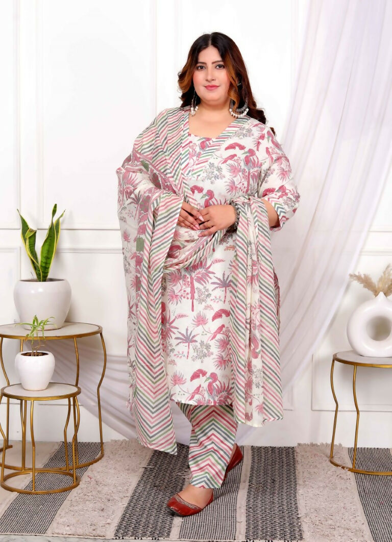 Miravan Women's Plus Size Cotton Light Pink Scenic Birds And Leaf Floral Printed Straight Pakistani Style Suit Set
