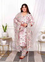 Miravan Women's Plus Size Cotton Light Pink Scenic Birds And Leaf Floral Printed Straight Pakistani Style Suit Set