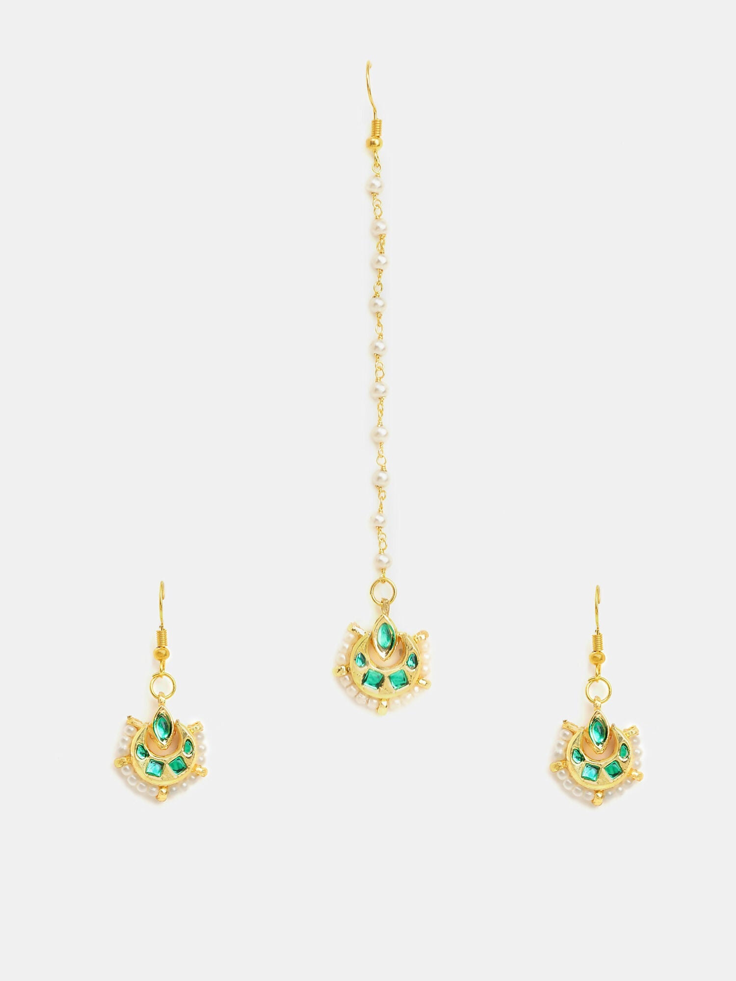 Ruby Raang Gold Green Kundan Earrings And Maang Tikka - Distacart