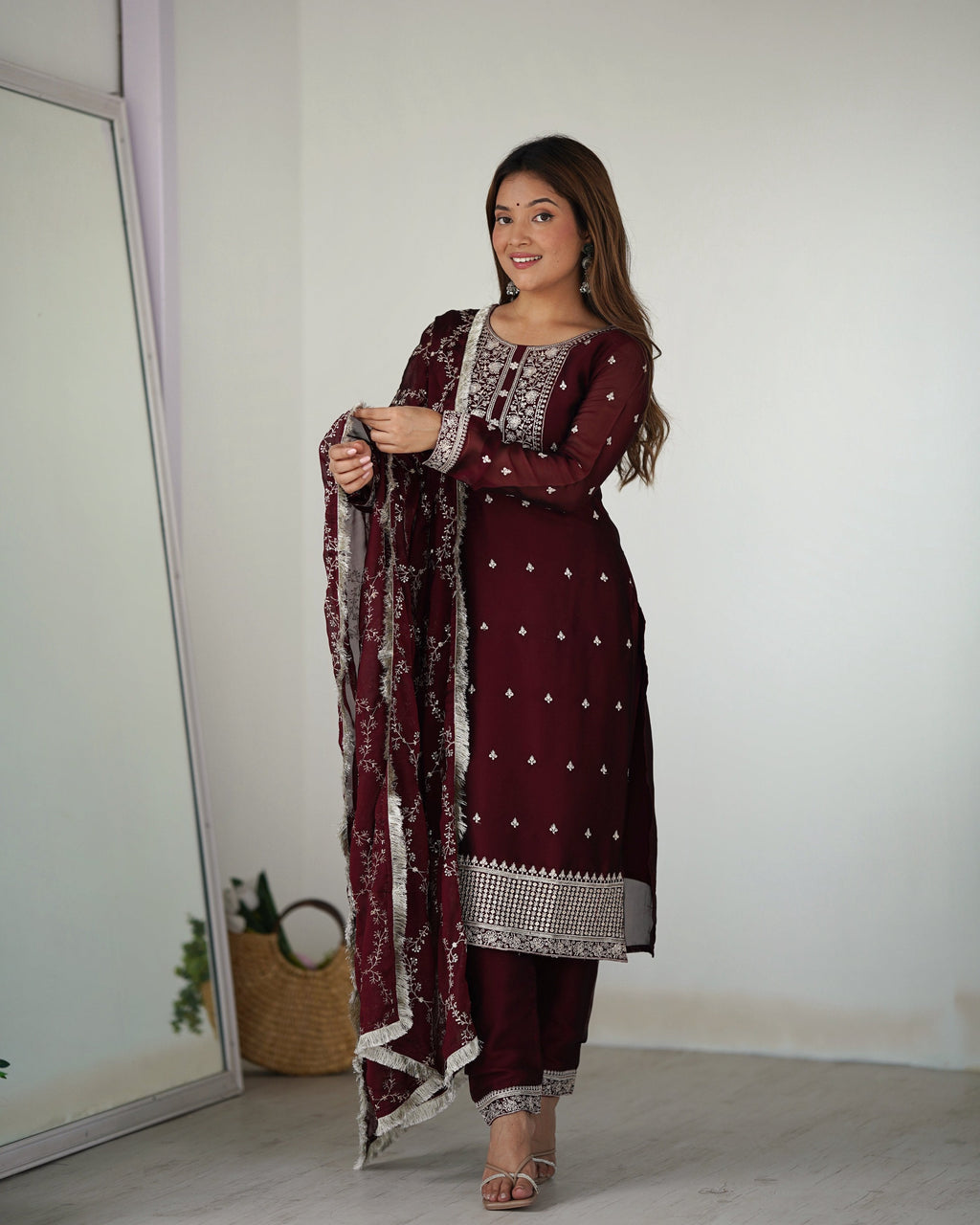 Teeya Creation Maroon Color Pure Rangoli Silk Heavy Embroidery Work Kurta Set