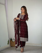 Teeya Creation Maroon Color Pure Rangoli Silk Heavy Embroidery Work Kurta Set