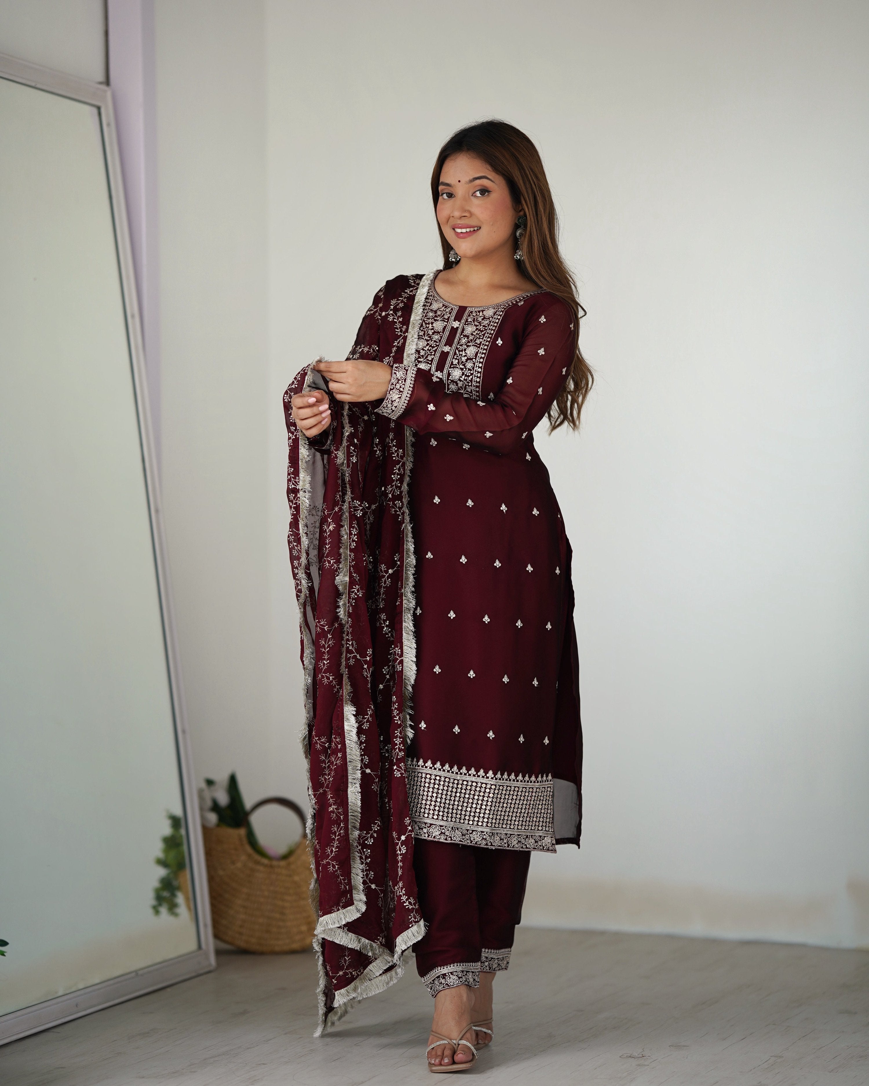 Teeya Creation Maroon Color Pure Rangoli Silk Heavy Embroidery Work Kurta Set