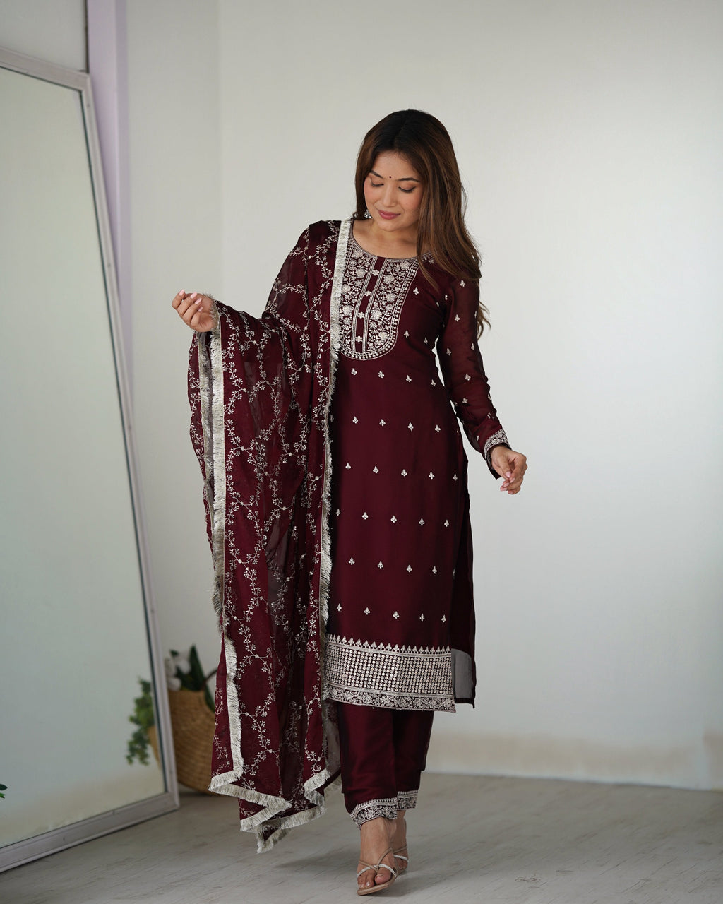 Teeya Creation Maroon Color Pure Rangoli Silk Heavy Embroidery Work Kurta Set
