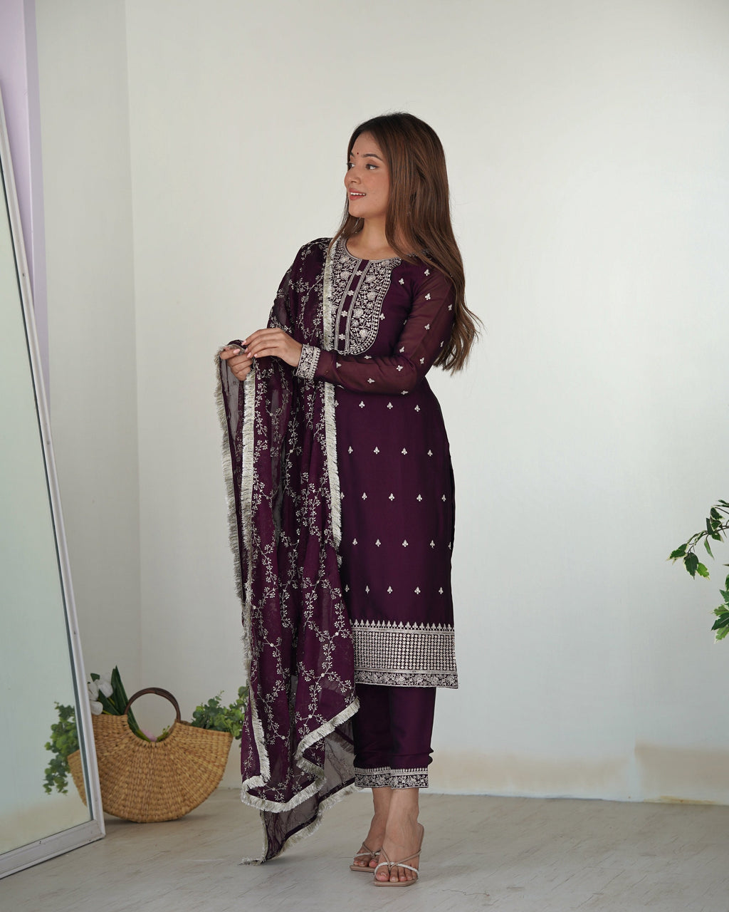 Teeya Creation Wine Color Pure Rangoli Silk Heavy Embroidery Work Kurta Set