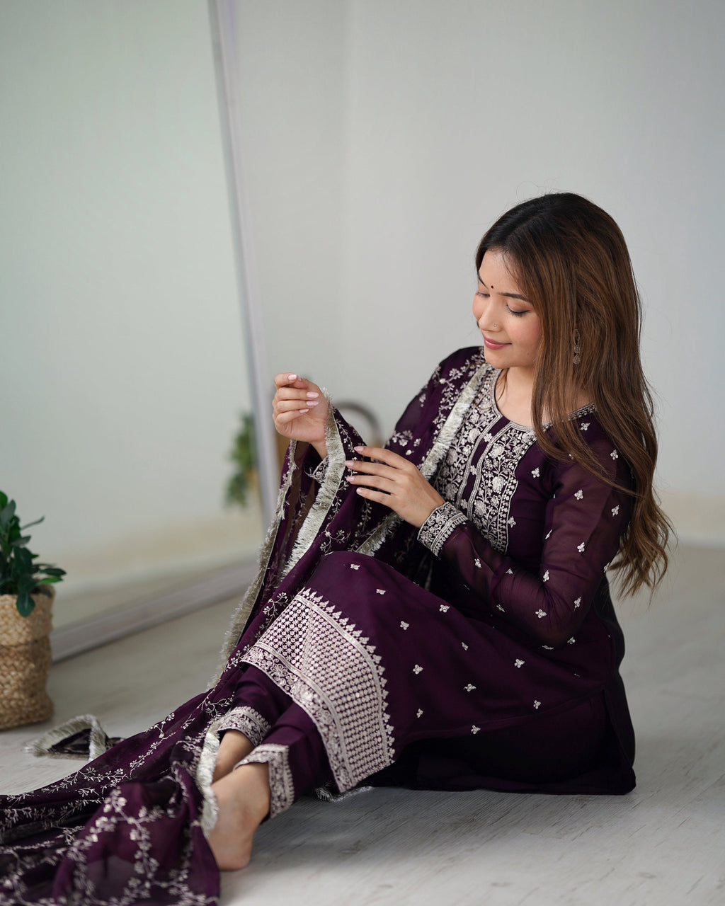 Teeya Creation Wine Color Pure Rangoli Silk Heavy Embroidery Work Kurta Set