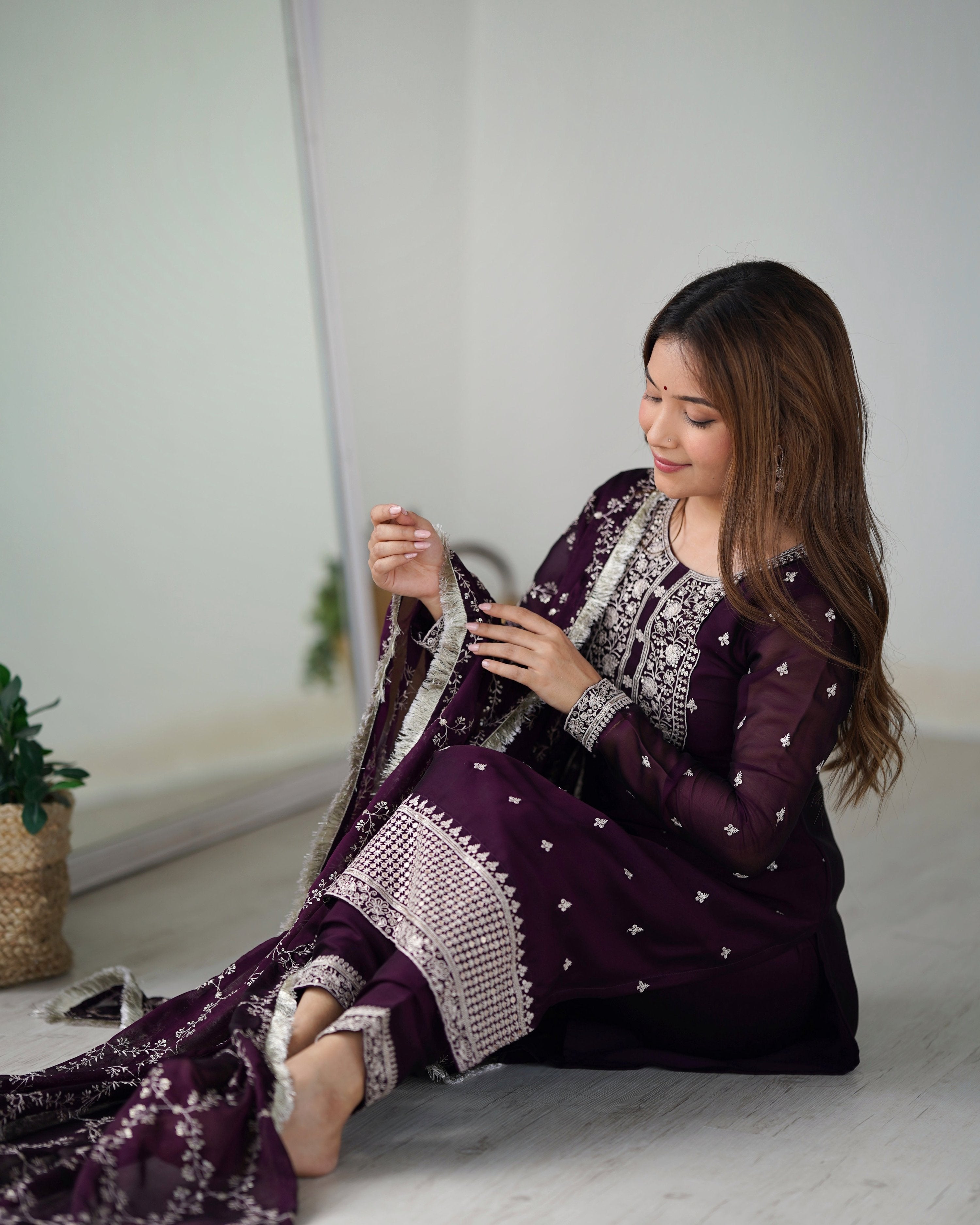 Teeya Creation Wine Color Pure Rangoli Silk Heavy Embroidery Work Kurta Set