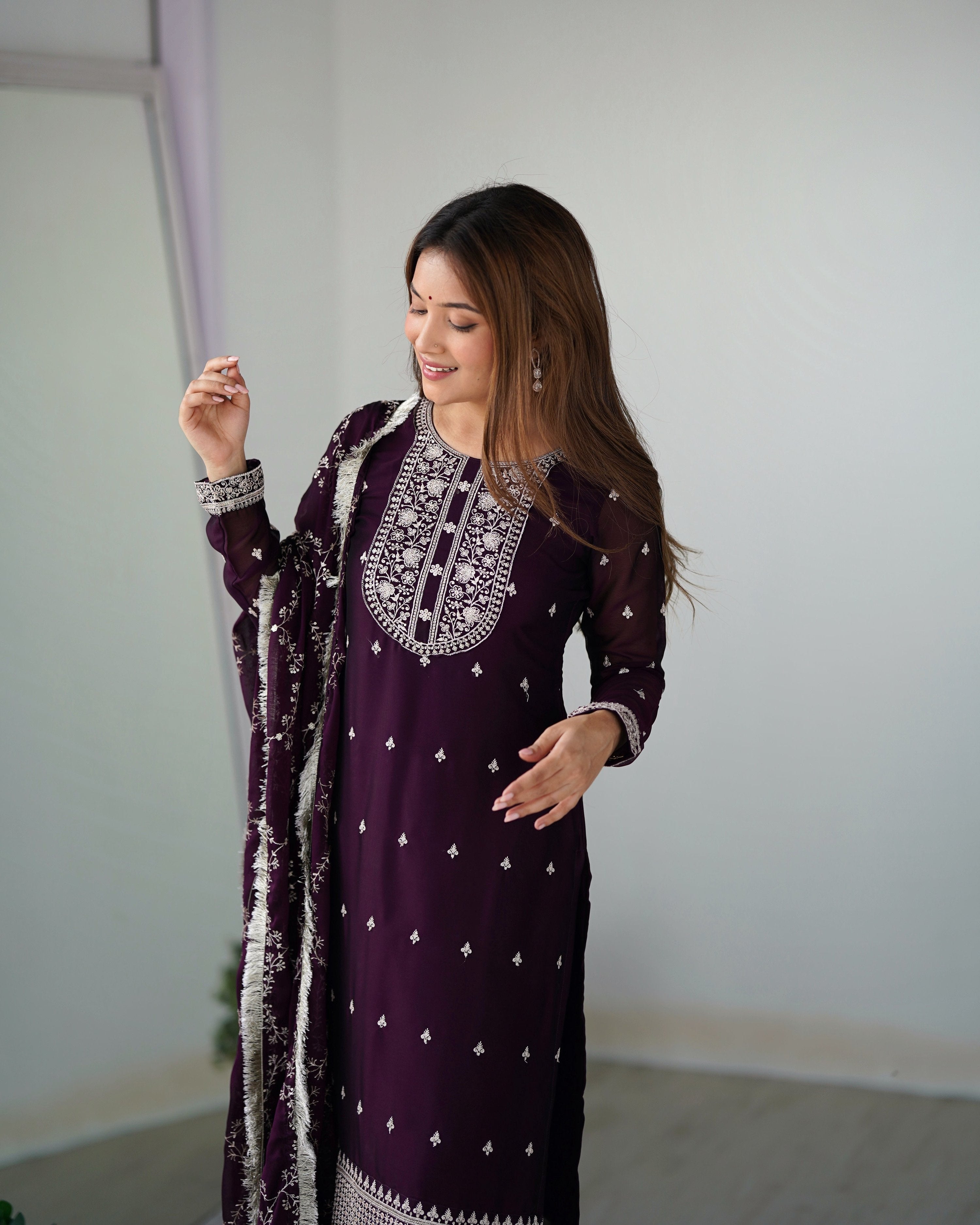 Teeya Creation Wine Color Pure Rangoli Silk Heavy Embroidery Work Kurta Set