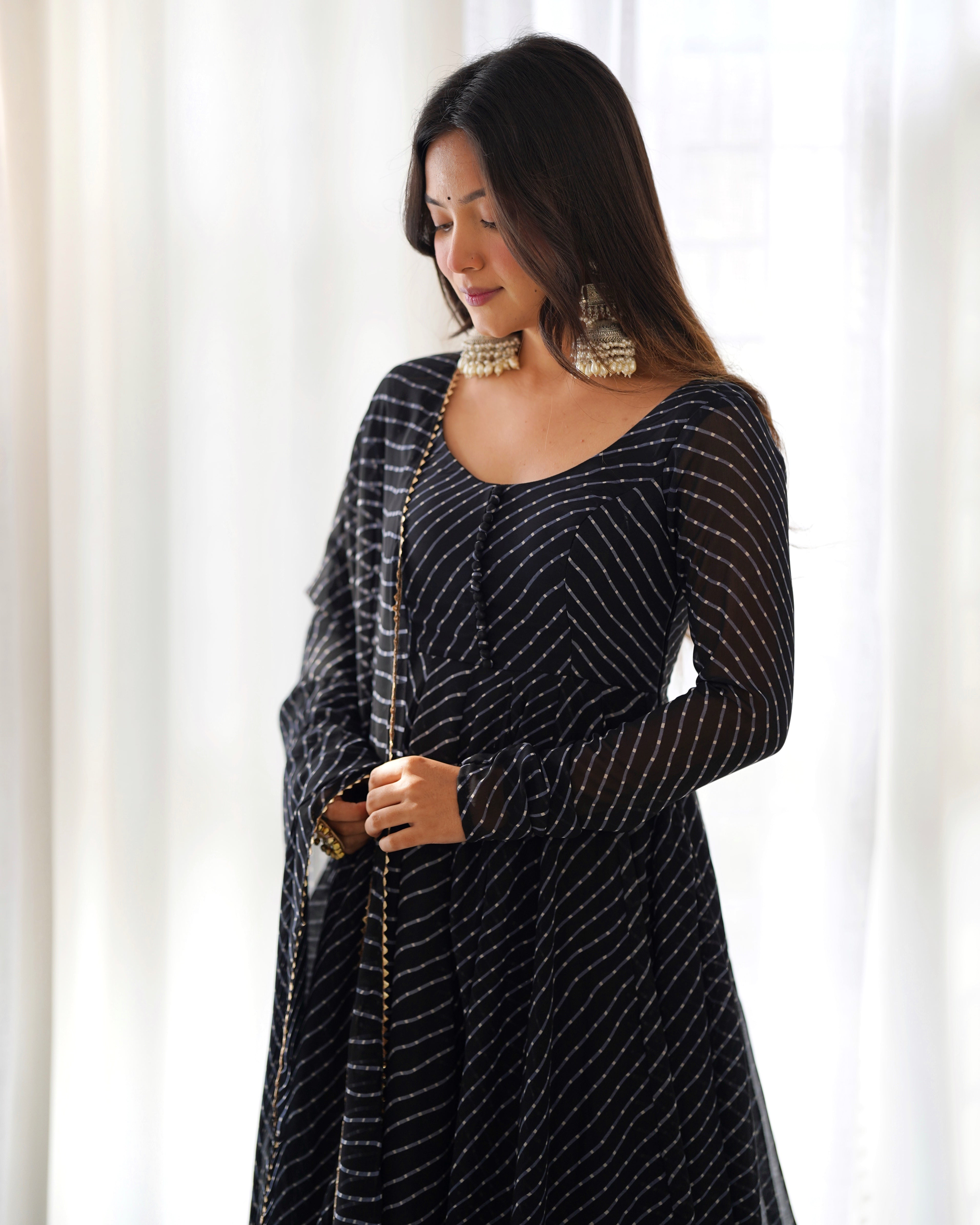 Teeya Creation Black Abstract Leheriya Print Faux Georgette Anarkali Gown With Pants And Dupatta