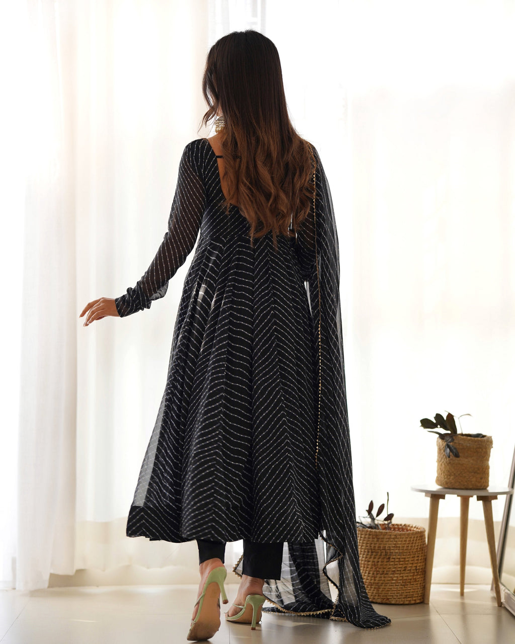 Teeya Creation Black Abstract Leheriya Print Faux Georgette Anarkali Gown With Pants And Dupatta