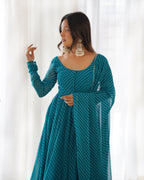 Teeya Creation Green Abstract Leheriya Print Faux Georgette Anarkali Gown With Pants And Dupatta