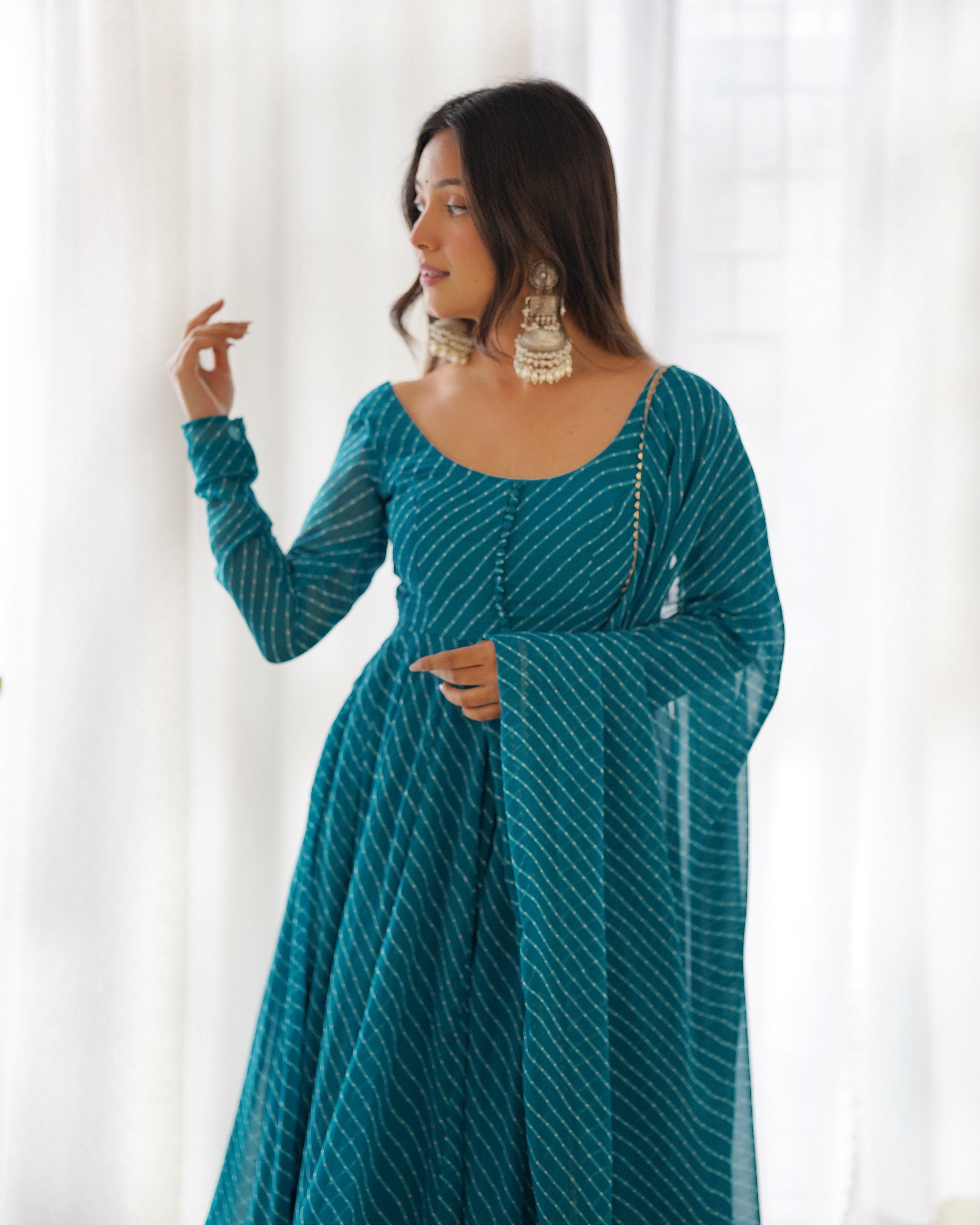 Teeya Creation Green Abstract Leheriya Print Faux Georgette Anarkali Gown With Pants And Dupatta