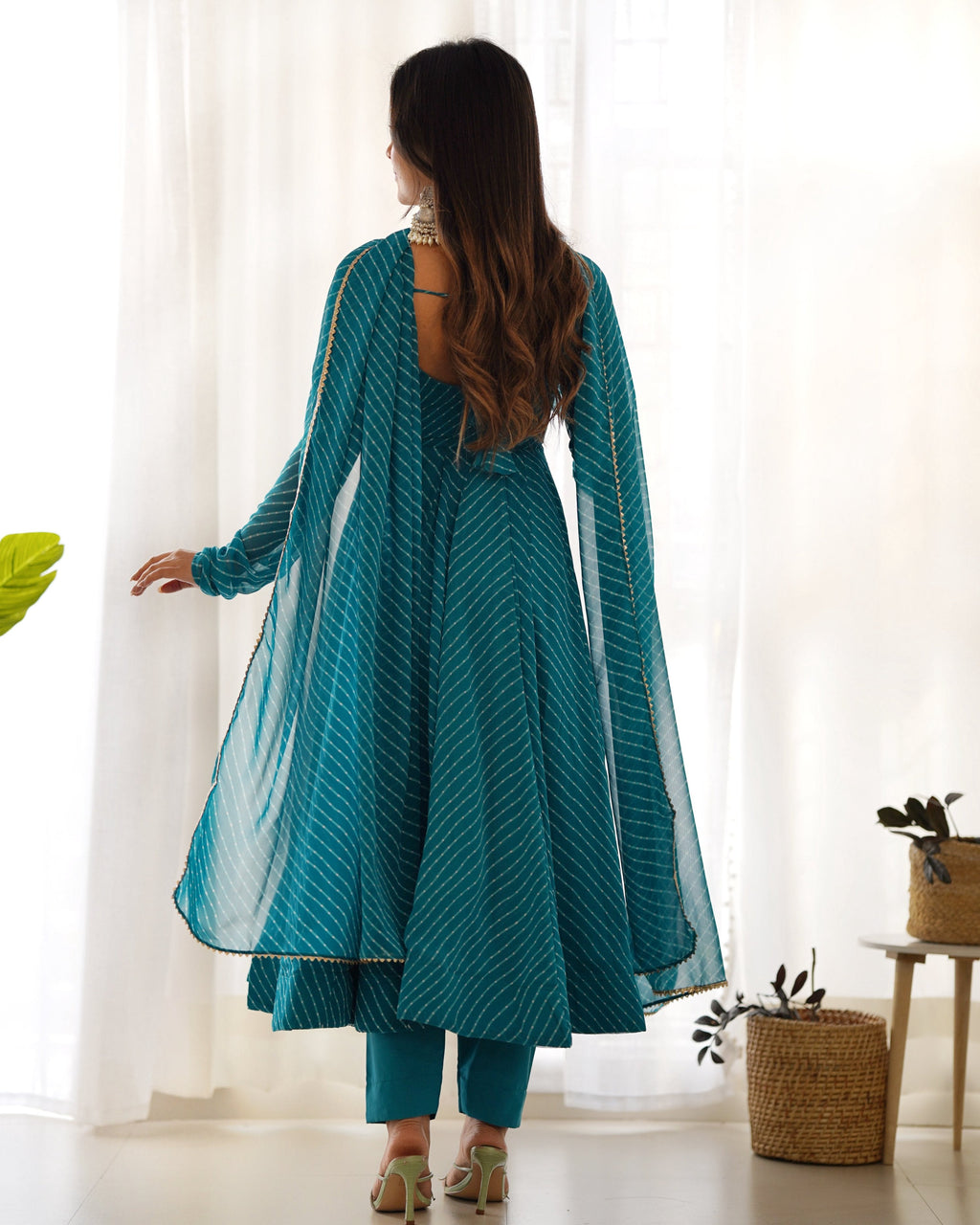 Teeya Creation Green Abstract Leheriya Print Faux Georgette Anarkali Gown With Pants And Dupatta