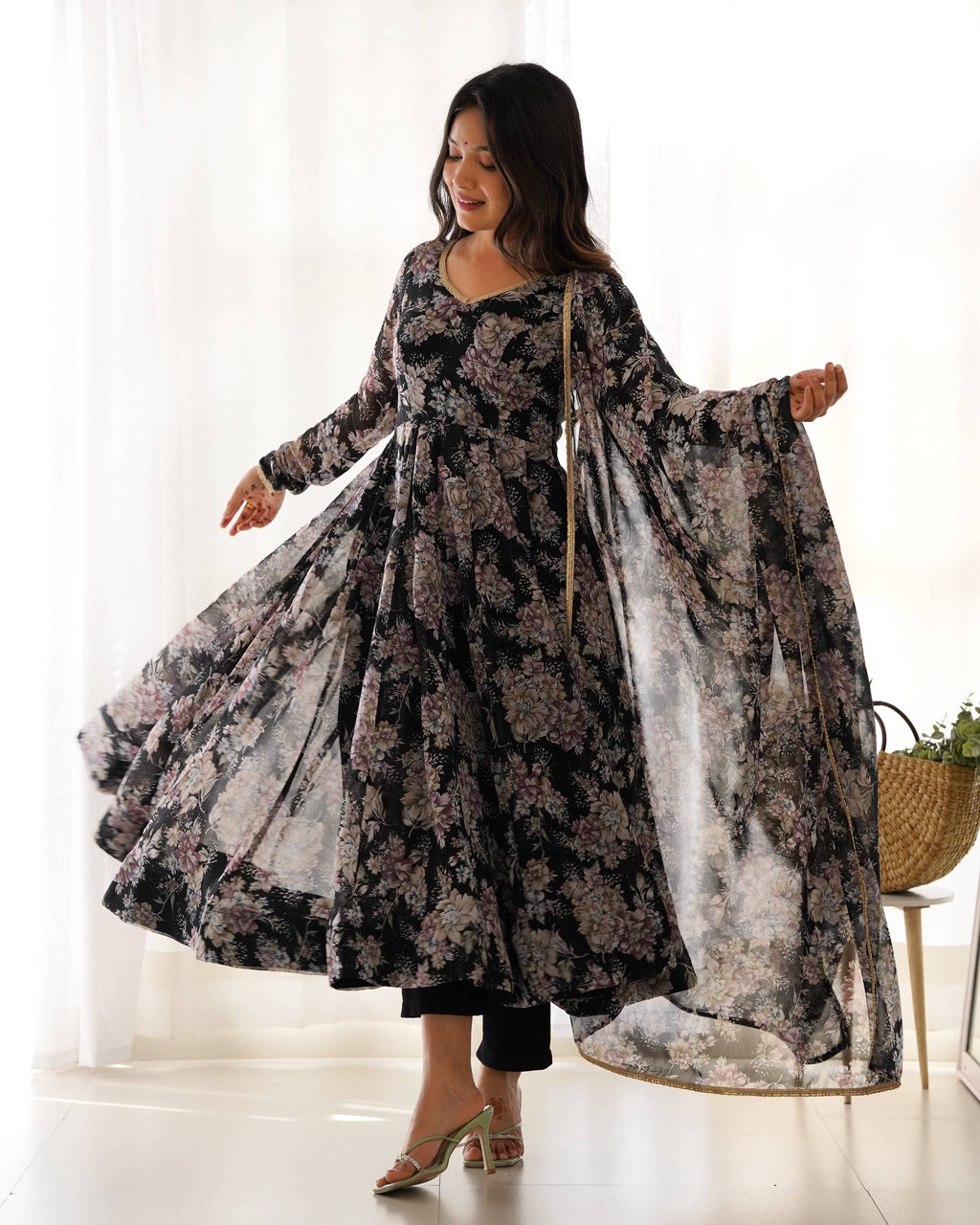 Teeya Creation Black Color Digital Print Faux Georgette Anarkali With Pants And Dupatta