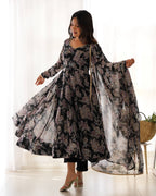 Teeya Creation Black Color Digital Print Faux Georgette Anarkali With Pants And Dupatta