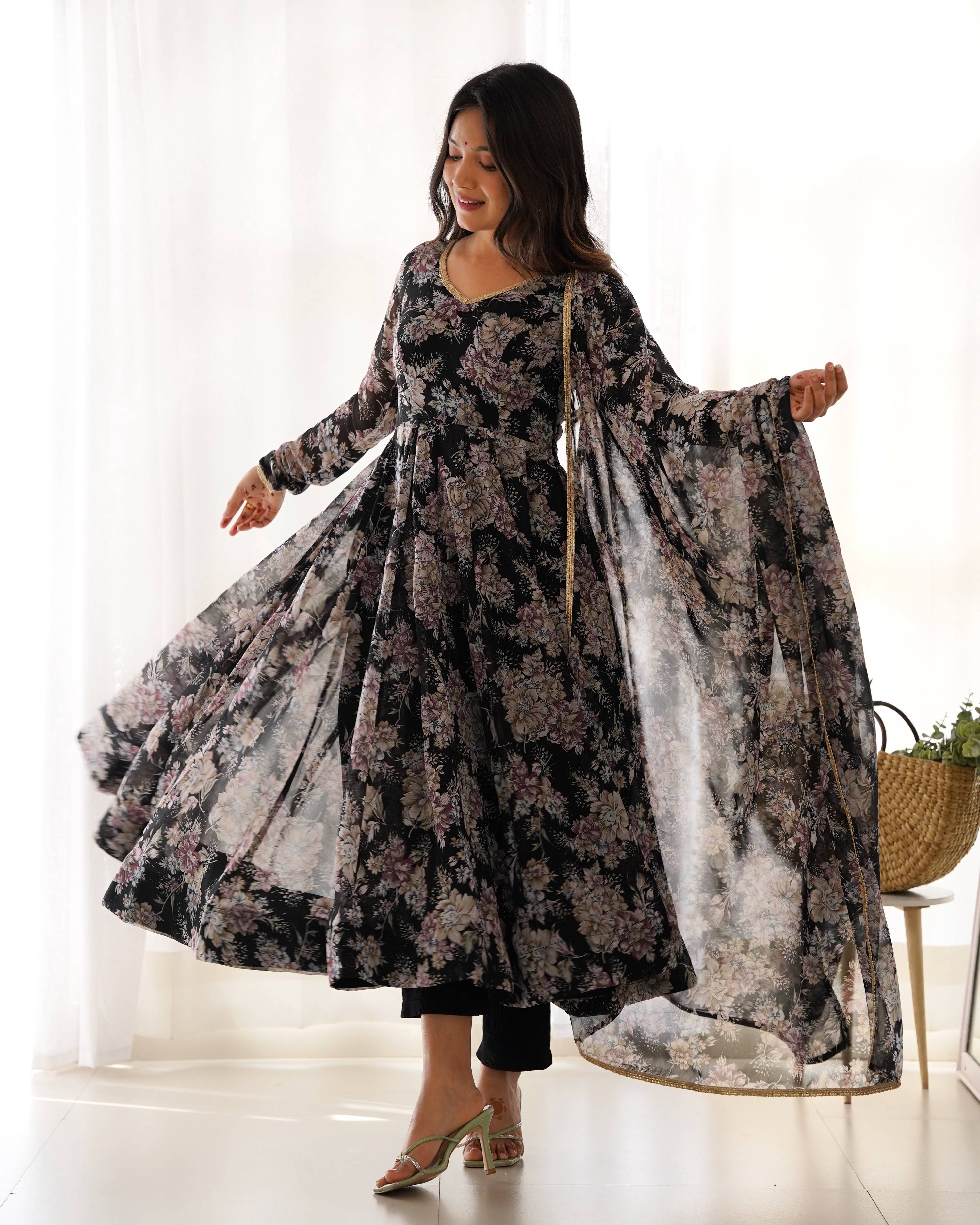 Teeya Creation Black Color Digital Print Faux Georgette Anarkali With Pants And Dupatta