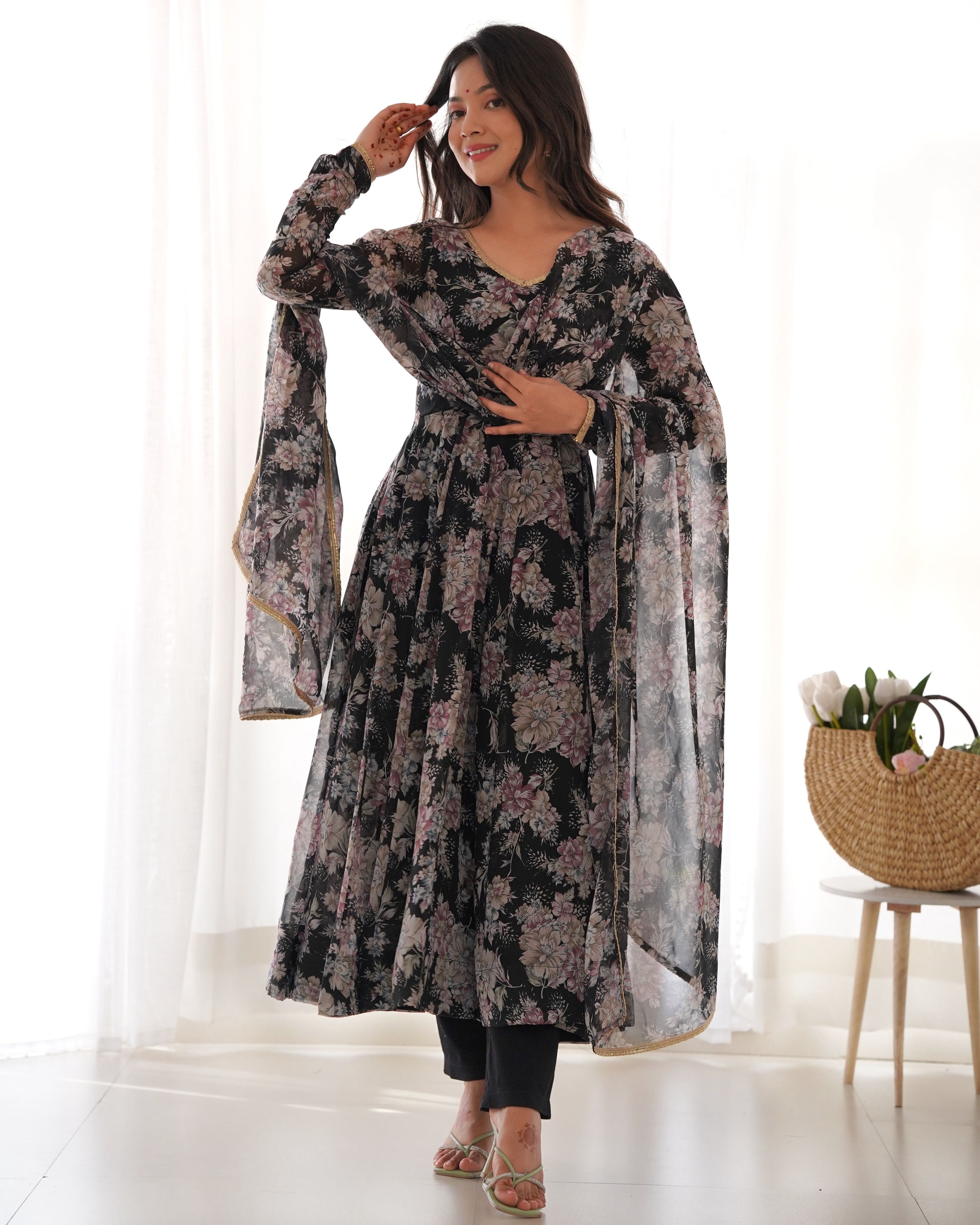 Teeya Creation Black Color Digital Print Faux Georgette Anarkali With Pants And Dupatta