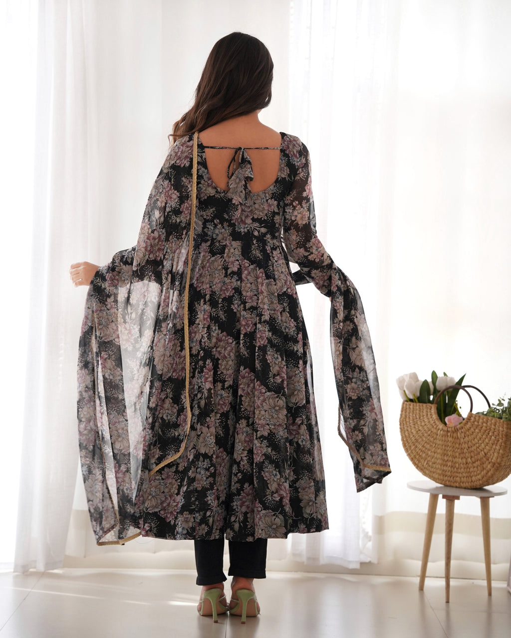 Teeya Creation Black Color Digital Print Faux Georgette Anarkali With Pants And Dupatta