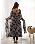 Teeya Creation Black Color Digital Print Faux Georgette Anarkali With Pants And Dupatta