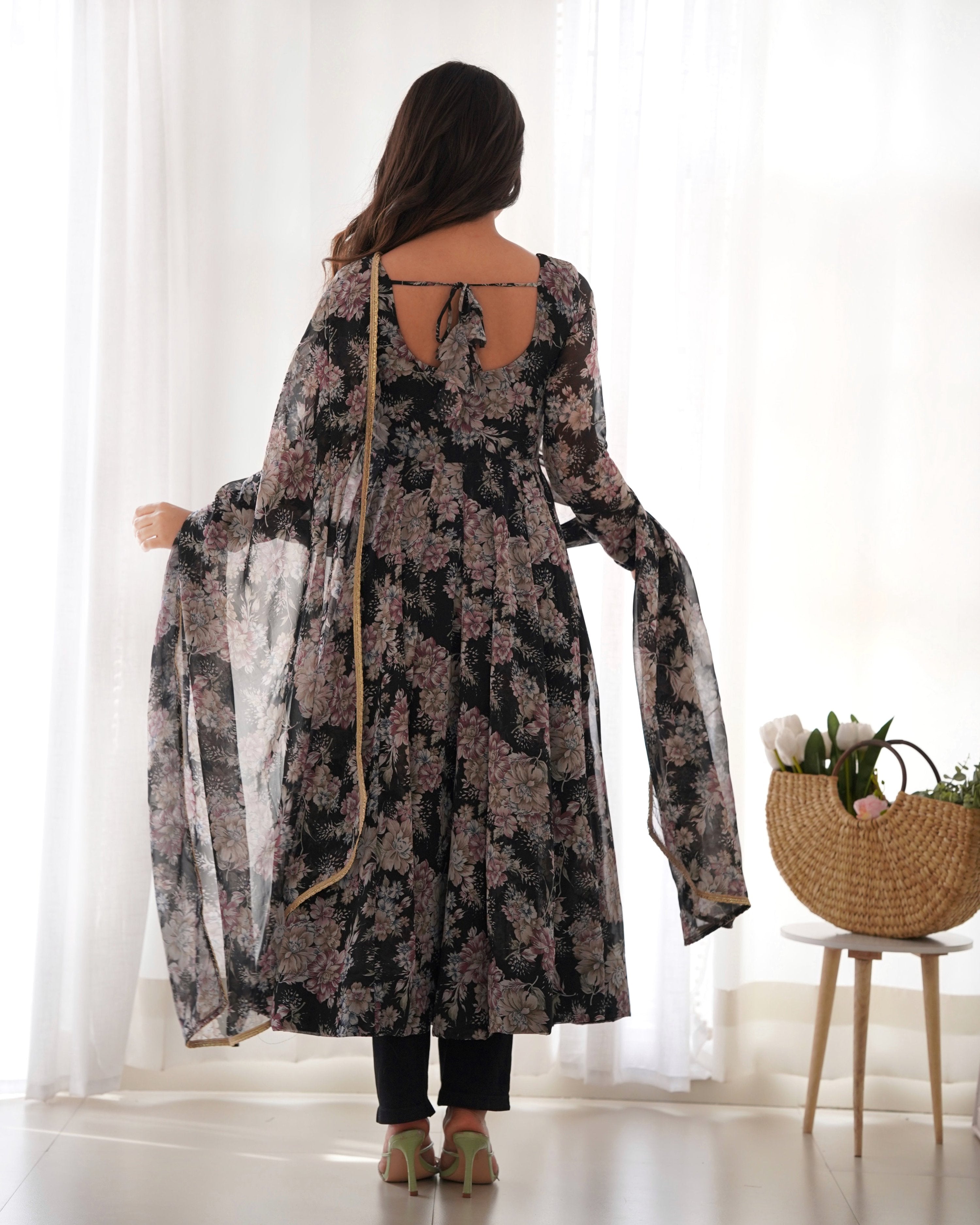 Teeya Creation Black Color Digital Print Faux Georgette Anarkali With Pants And Dupatta