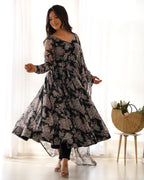 Teeya Creation Black Color Digital Print Faux Georgette Anarkali With Pants And Dupatta