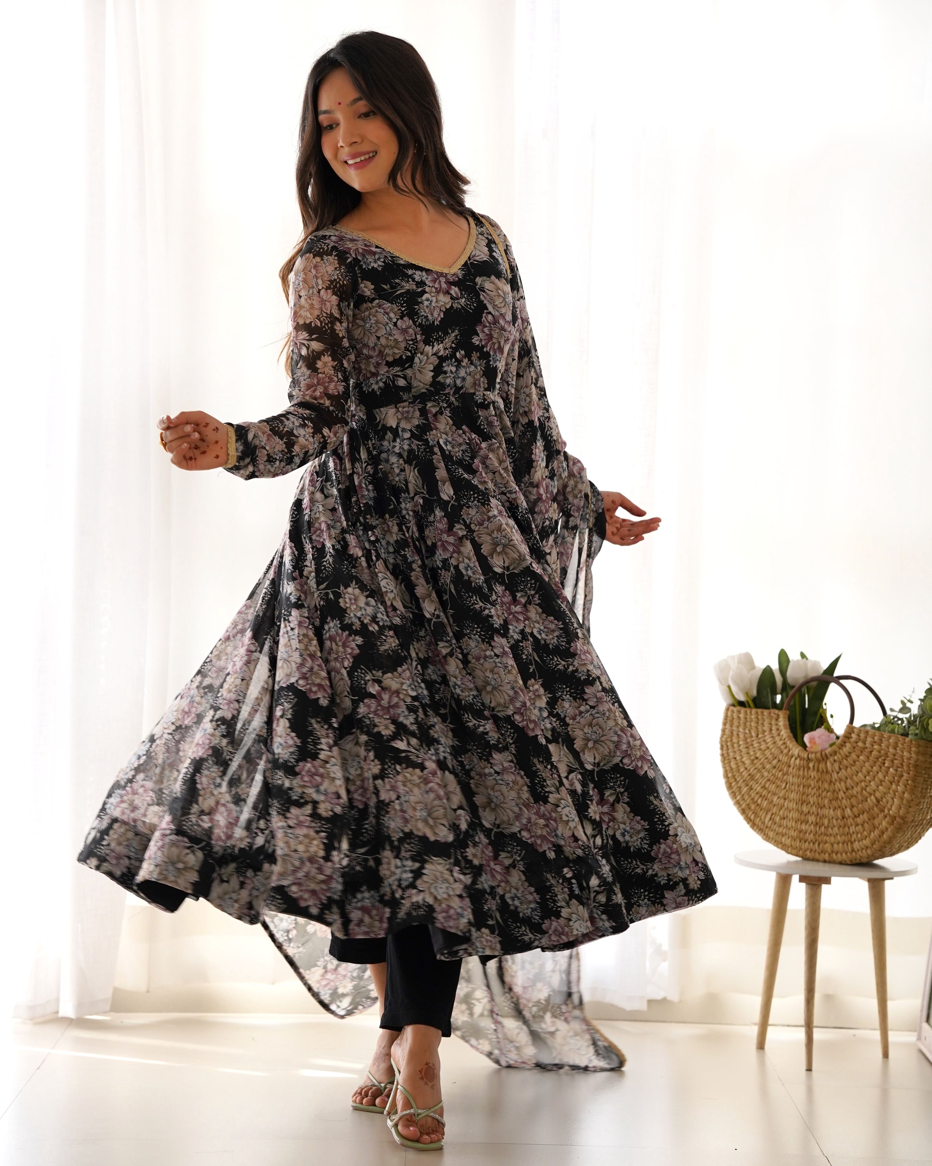Teeya Creation Black Color Digital Print Faux Georgette Anarkali With Pants And Dupatta