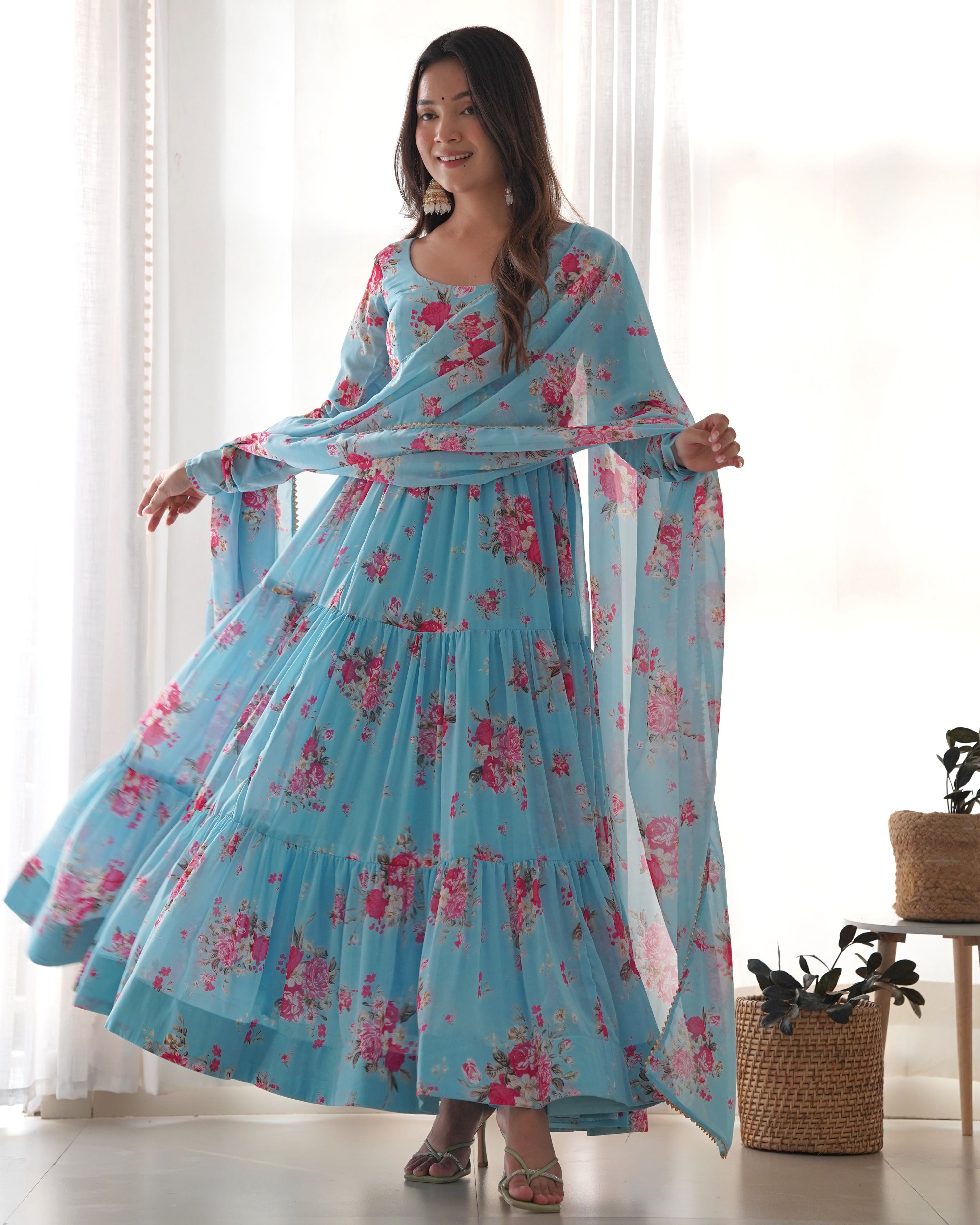 Teeya Creation Multicolor Digital Print Faux Georgette Anarkali With Pants And Dupatta
