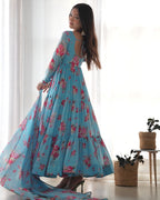 Teeya Creation Multicolor Digital Print Faux Georgette Anarkali With Pants And Dupatta